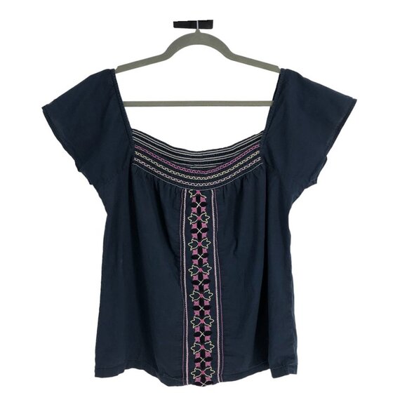 Roxy Navy Off The Shoulder Square Neck Bohemian  Embroidered Top size ~L - Picture 1 of 13